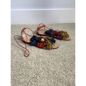Zara Multicolor Tassel Pom Pom Sandals